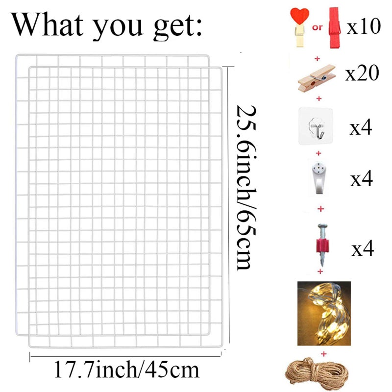 GBYAN 2 Pack Large Wall Grid Panels with Light and Clips, Photo Display Board, Picture Frame Collage Board, Wire Grid Wall Panel Room Decoration,White - Image 3